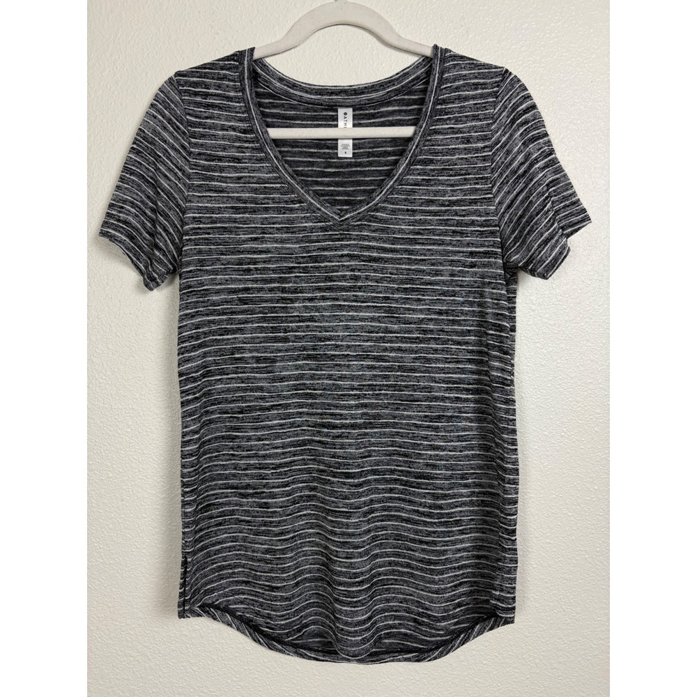 Athleta Women's S Black Gray Striped V Neck Modal Short Sleeve Tunic Top